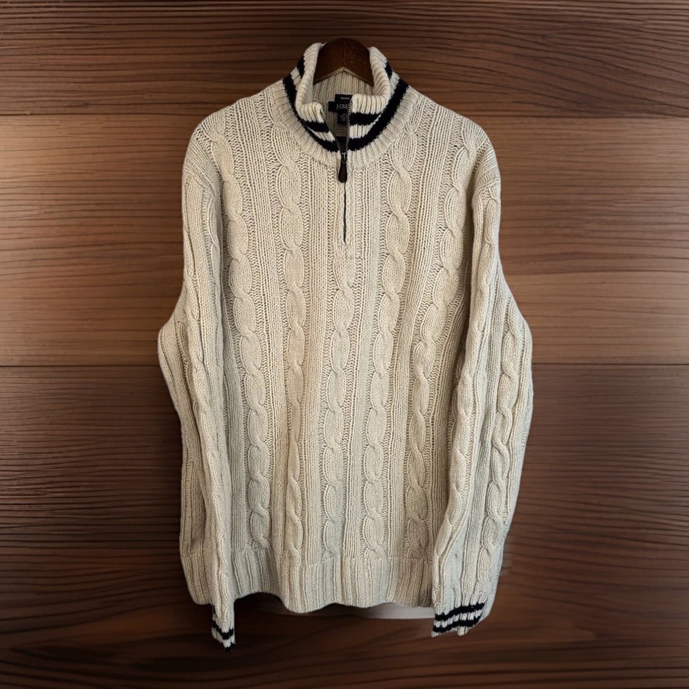 Vintage J. Cew Men's 100% Lamb's Wool Cable Knit 1/4 Zip Sweater L Handknit Ivy